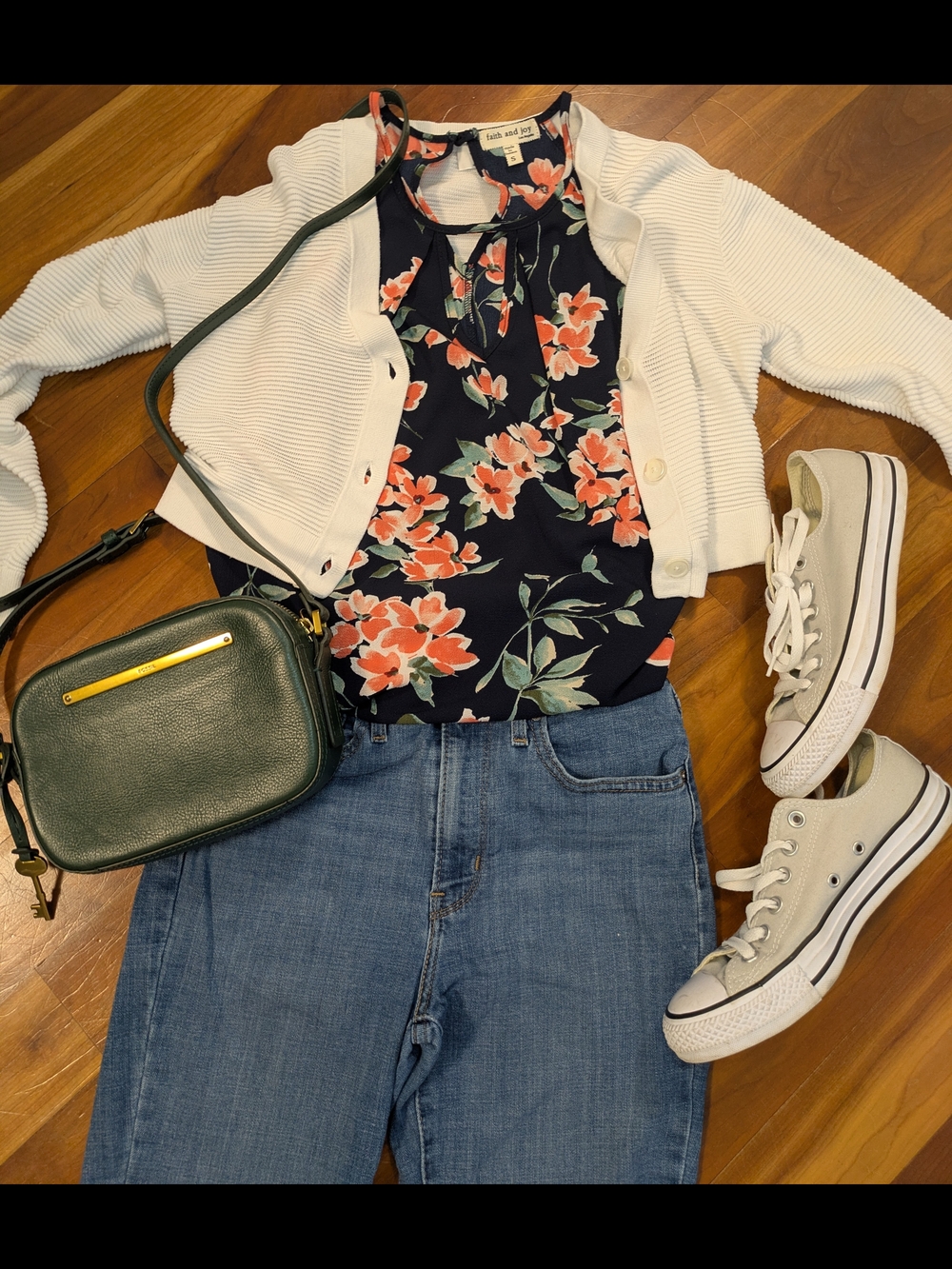 Faith and Joy Navy Keyhole Tank with Floral Coral Accents